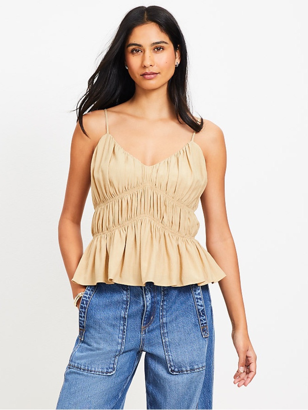 NWOT Sz S LOFT Cream Ruched Spaghetti-Strap Peplum Camisole Top Neutral Classic